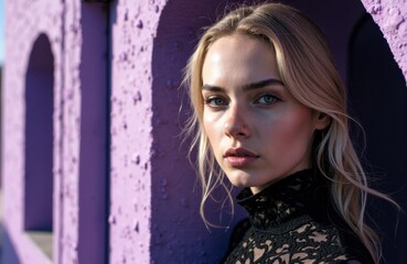 Fototapeta premium Woman with blonde hair and blue eyes standing against a purple wall with arches