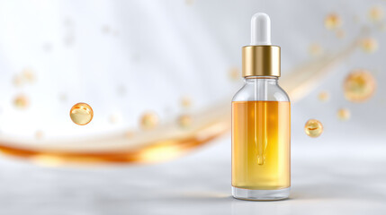 Golden serum dropper bottle glass container skincare oil cosmetic essence transparent background golden liquid minimal style clean aesthetic glossy finish luxury care, evokes calm glow