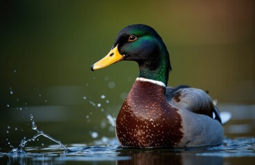 Fototapeta premium Colorful mallard duck swimming in water with splashes and ripples