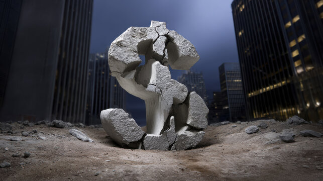 Crumbling dollar sign monument broken concrete symbol urban night scene financial ruin economic crisis abandoned city dramatic lighting rubble ground moody sky collapse vibe. cracked stone dollar