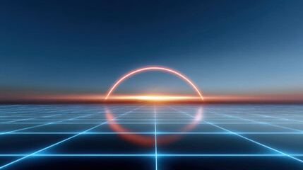 Futuristic horizon neon grid glowing arc sunrise sci fi landscape blue sky reflective surface laser light digital scene minimal design evoke calm wonder over sleek virtual plane