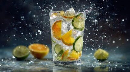 close up shot of a glass filled with citrus slices ice cubes and water splashing around the glass