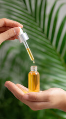 Golden serum glass dropper skincare oil hand palm natural wellness beauty hydration botanical — Golden serum glass dropper skincare oil hand palm natural wellness beauty hydration botanical soft