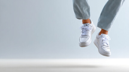 White sneaker jump feet motion jeans minimal clean studio casual energy. White sneaker jump with feet motion and jeans minimal clean studio, casual energy and playful vibe, dynamic midair pose