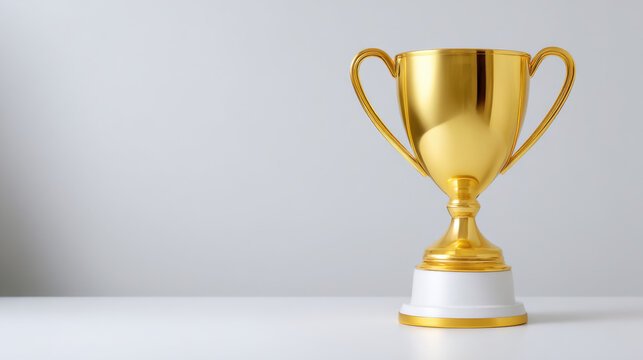 Gold trophy award winner success victory achievement celebration champion prize honor gleams clean white background with minimalist space, shiny metal cup pedestal conveys pride and motivation