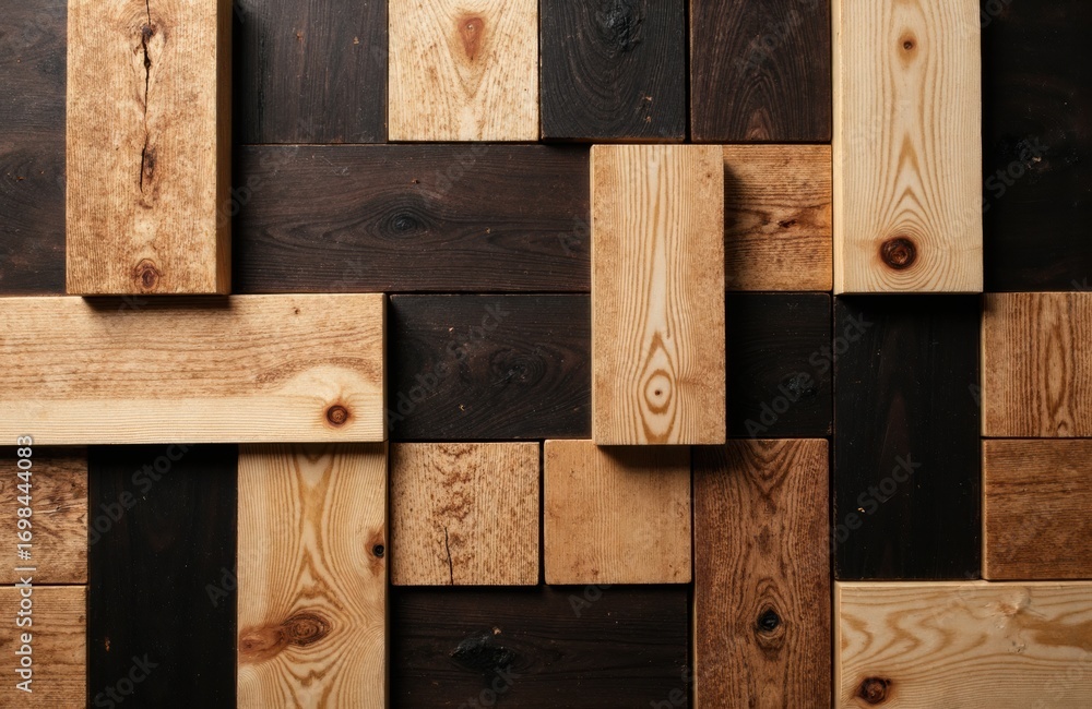 Poster colorful wooden blocks arranged in a geometric pattern creating a textured surface