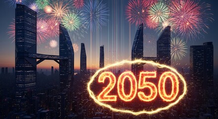 Futuristic City Skyline Celebrates 2050 with Fireworks