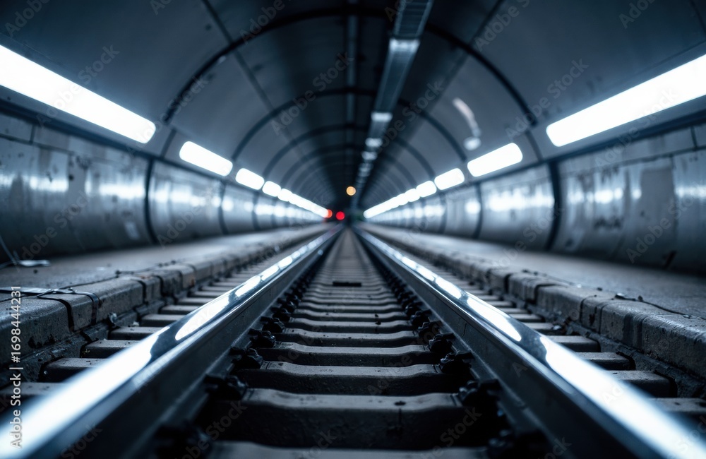 Poster a subway tunnel with illuminated tracks extending into the distance