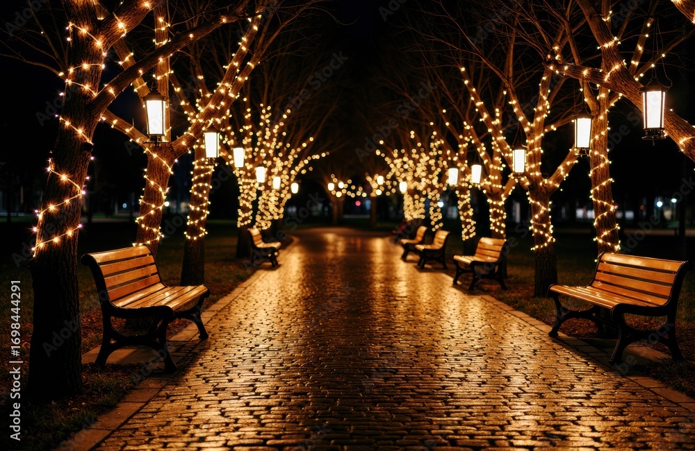 Poster colorful string lights illuminate a park pathway lined with benches and trees at night creating a wa