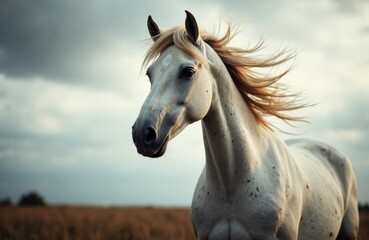 Obraz premium White horse standing in open field with flowing mane and cloudy sky background