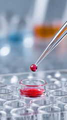 Red droplet pipette microplate laboratory science research experiment sterile precision clear vessel. Red droplet enters microplate well laboratory, science research experiment shows sterile