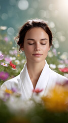 Calm woman white robe flower garden soft light serene mood closed eyes natural beauty spring bloom bokeh background peaceful retreat. Calm woman white robe amid colorful flower garden soft light