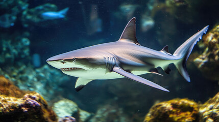 Shark Swimming in Aquarium with Streamlined Body and Natural Habitat Elements
