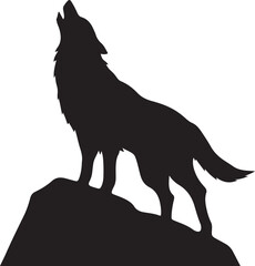 Silhouette of a Howling Wolf Standing on a Rock Against White Background