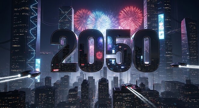 Futuristic City Skyline Celebrates 2050 with Fireworks