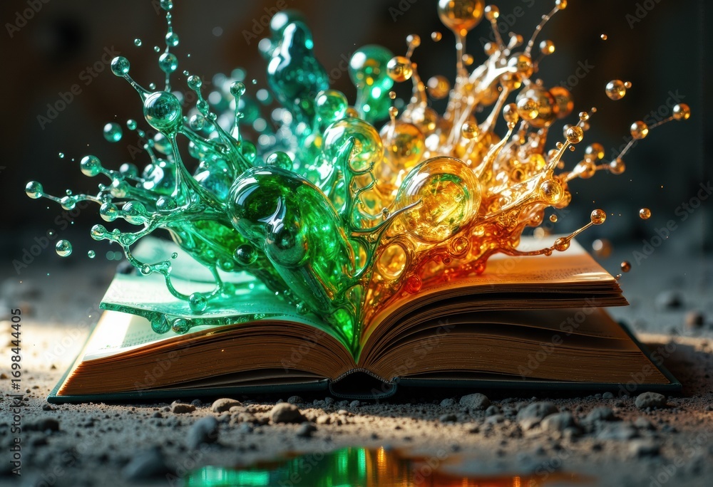 Aufkleber colorful liquid splashes emerging from an open book creating a dynamic and vibrant visual effect