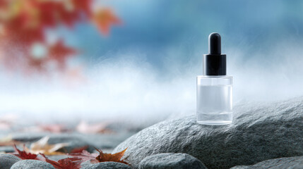 Serum bottle glass dropper stone surface mist autumn leaves blue background minimal skincare cosmetic beauty product in serene, misty autumn scene on smooth stones with soft light and calm mood