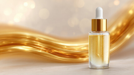 Gold serum bottle glass dropper golden oil skincare essence luxury cosmetic glowing background Smooth glass dropper bottle with golden oil texture, elegant luxury cosmetic marble surface