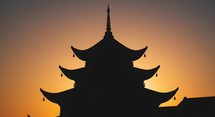 Pagoda silhouette in sunset: A majestic pagoda silhouette is framed against the vibrant hues of a breathtaking sunset, offering a tranquil glimpse into the beauty of architecture and spirituality. 