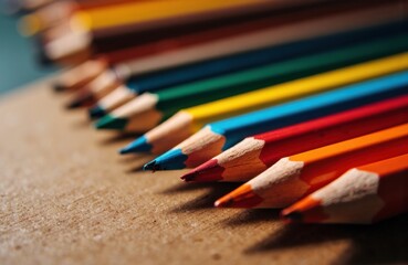 Colorful pencils arranged in a row on a textured surface creating a vibrant artistic scene