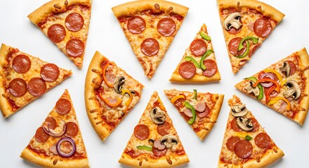 Sliced pizzas with various toppings on a white background.