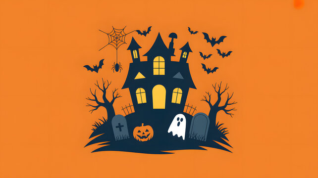 Haunted House on Halloween Night: An ominous haunted house stands silhouetted against a vibrant orange sky, with bats circling, creating a spine-chilling scene for Halloween. 