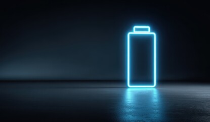 High quality photo of 3d render of a neon blue battery icon on a dark background, a simple minimalistic design, high resolution, with copy space for text, suitable for a banner.