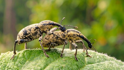Two beetles mating on a leaf