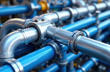 Industrial pipes and fittings in a mechanical system with metallic and blue components