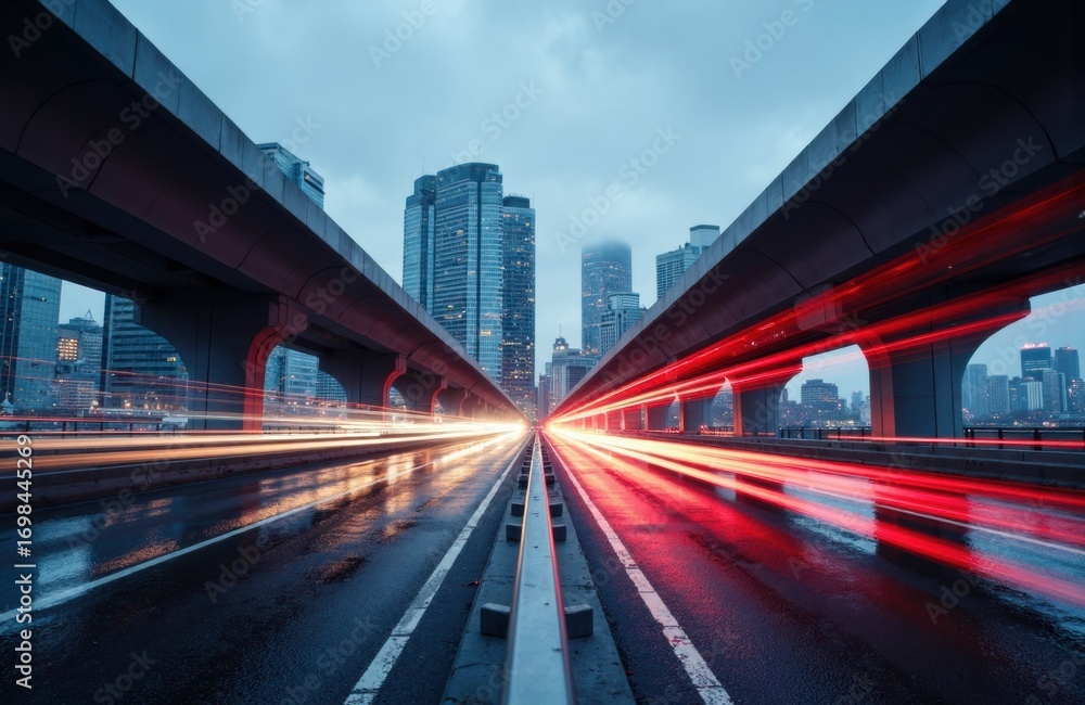 Poster urban highway with light trails and city skyline in the background creating a sense of motion and mo