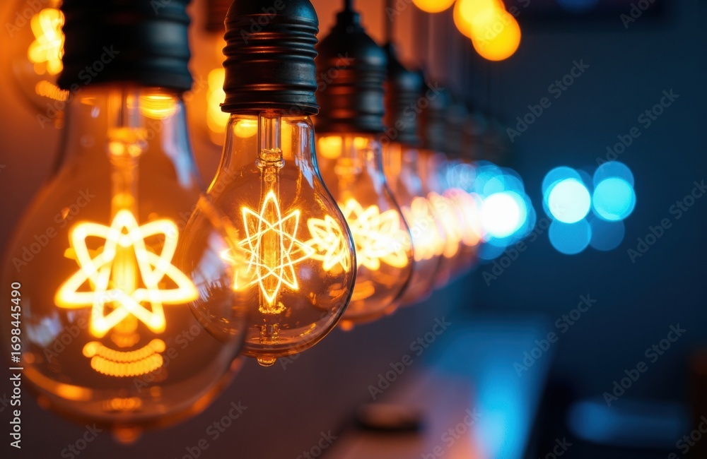 Poster string of glowing filament light bulbs creating warm ambient lighting in a modern interior setting