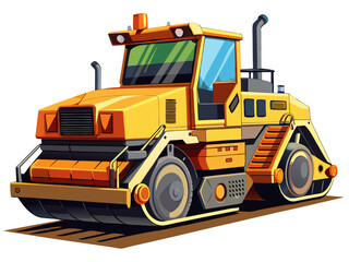 A high-quality vector illustration of an asphalt paver machine, isolated on a white background
