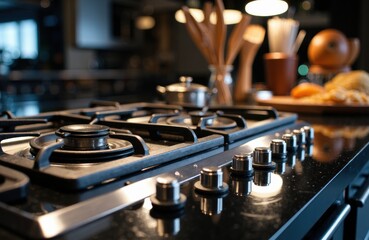 Obraz premium Gas stove with metal burners and control knobs in a modern kitchen setting