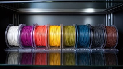 Colorful Filament Spools: A vibrant collection of 3D printing filament spools, reflecting their hues on a glossy surface. Ready for creation!