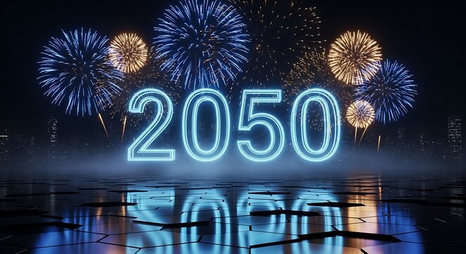 Futuristic 2050 Neon Sign with Fireworks Display over Cityscape