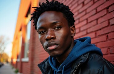 A young man with natural hair wearing a hoodie and jacket standing outdoors near a red brick wall