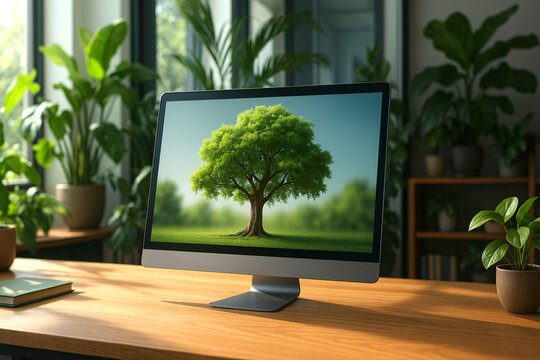 ESG environmental social governance display on laptop on eco, friendly company meeting , Generative ai
