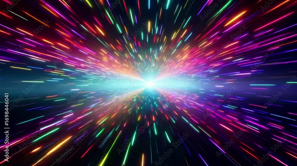Poster dynamic video concept of colorful light streaks converging at a central point, captured from a front