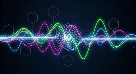 Futuristic 6G Technology Concept Depicted with Neon Waves and Geometric Shapes