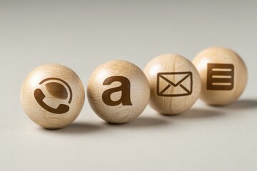 Wooden spheres with contact icons.
