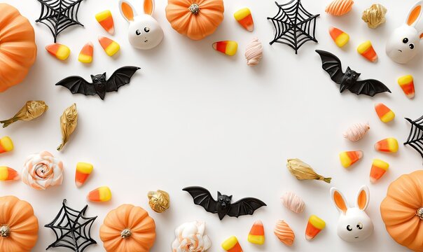 Halloween candy corn pumpkins bats white background.
