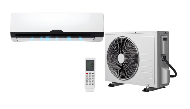 Complete Set of Split Air Conditioner with Indoor Unit, Outdoor Compressor, and Remote – Transparent PNG