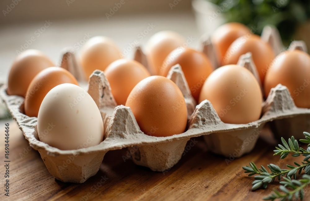 Poster fresh eggs arranged in a carton on a wooden surface with greenery in the background