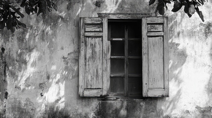 Vintage Wall with Open Wooden Window and Tree Shadows in Black and White Photography
