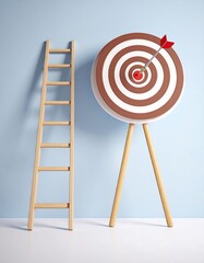 A wooden ladder beside a target with an arrow, against a light blue wall