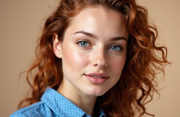 Fototapeta premium Woman with red hair and blue eyes smiling softly in a portrait shot