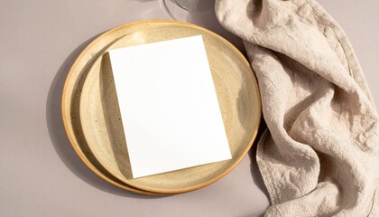 Blank Menu Card Mockup on Ceramic Plate with Linen