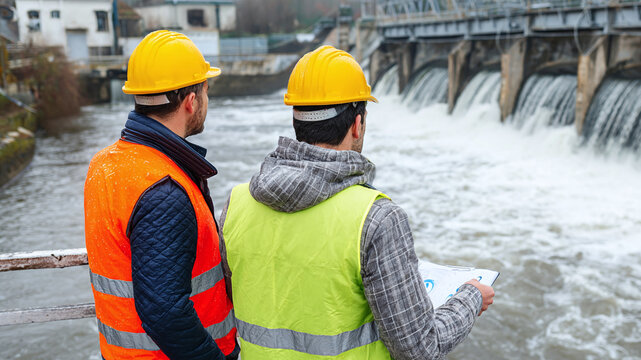 Engineers inspecting a dam, evaluating water levels and structural integrity. Yellow hard hats and safety vests ensure protection in the industrial zone.