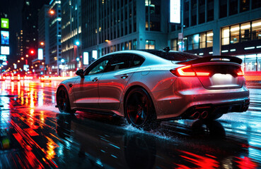 A sleek modern car drives through a rainy city street illuminated by colorful lights at night