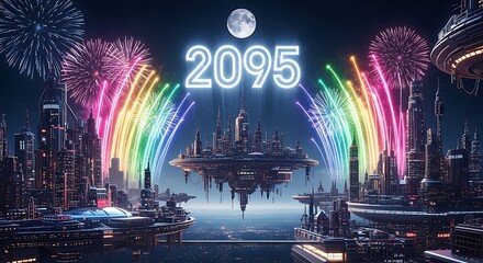 Floating City Celebration of 2095 with Colorful Fireworks